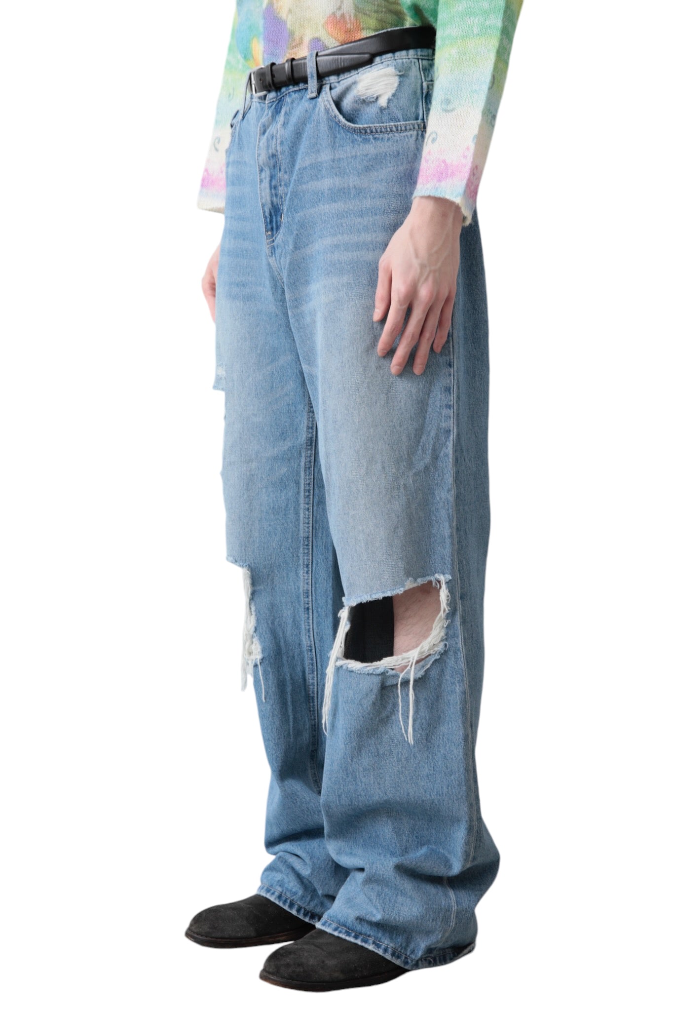 CRASHED BLUE BAGGY DENIM PANTS