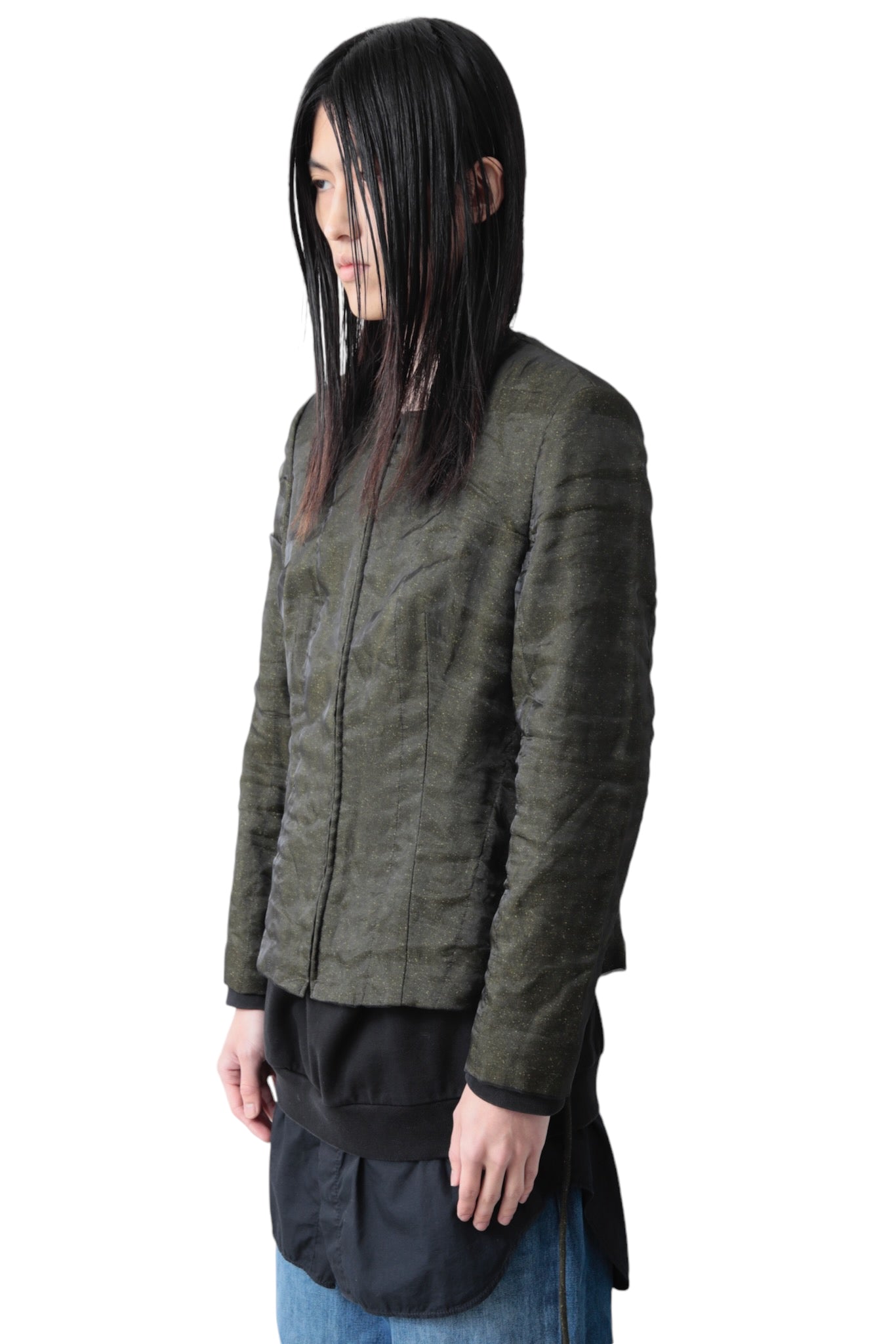 SEE-THROUGH LAYERED ZIP UP NO COLLAR JACKET