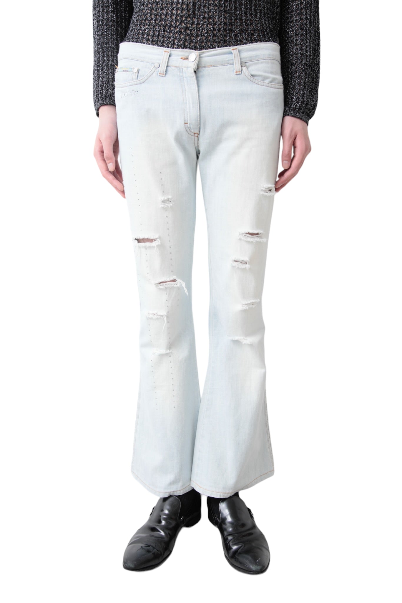 RHINESTONE DAMAGED FLARE DENIM PANTS