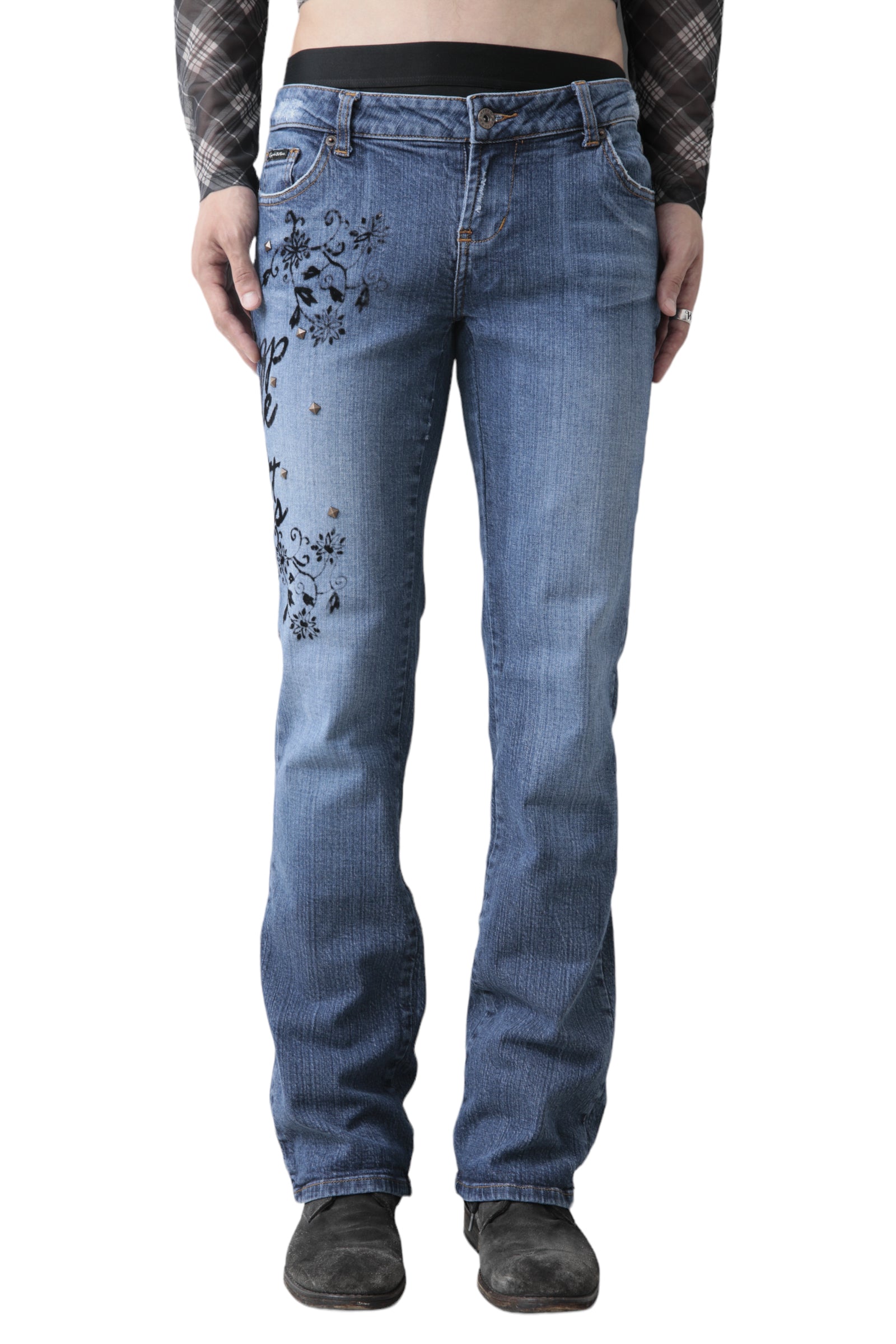 FLOWER STUDS FLARE DENIM PANTS