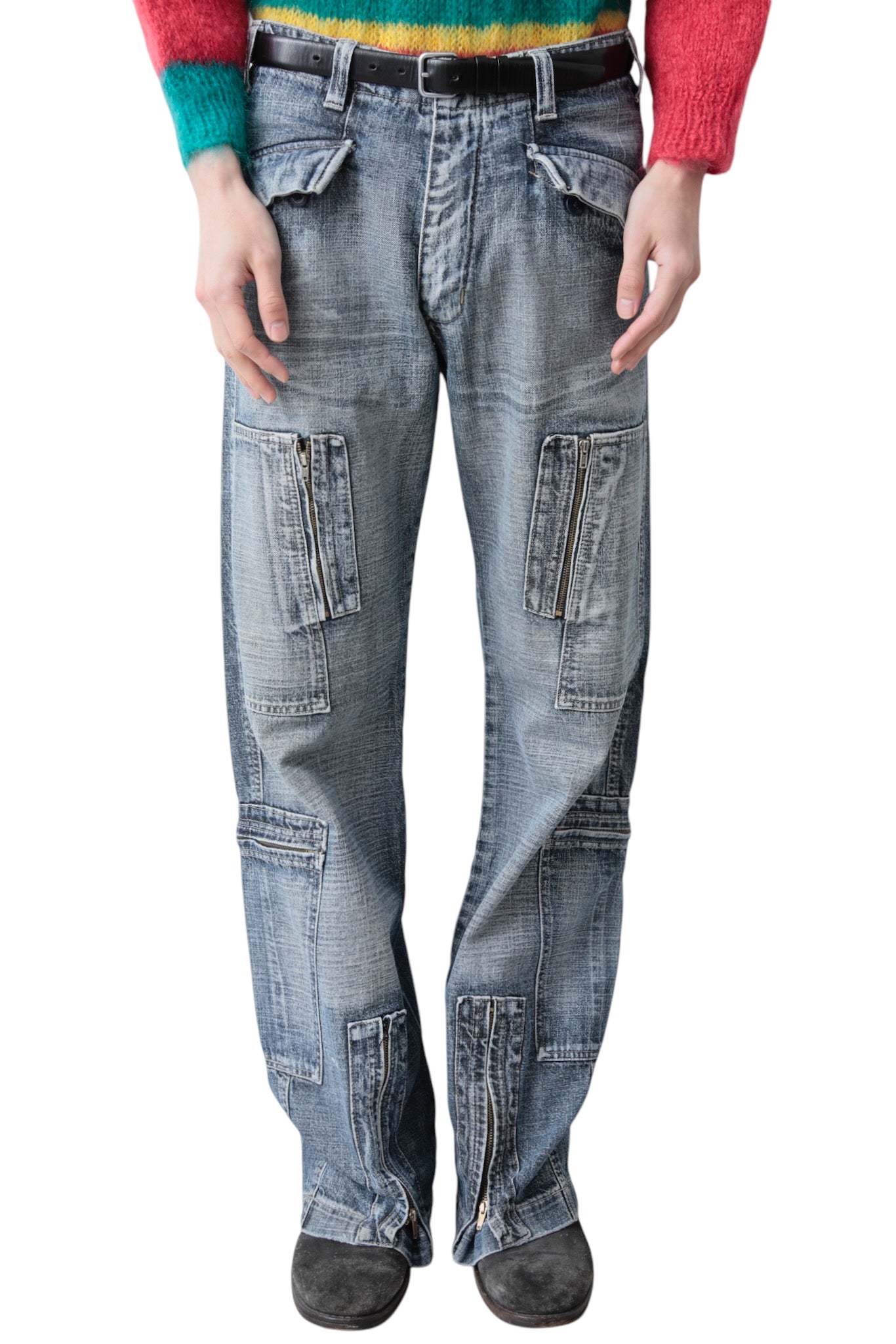 MULTI POCKET FADE BLUE DENIM PANTS