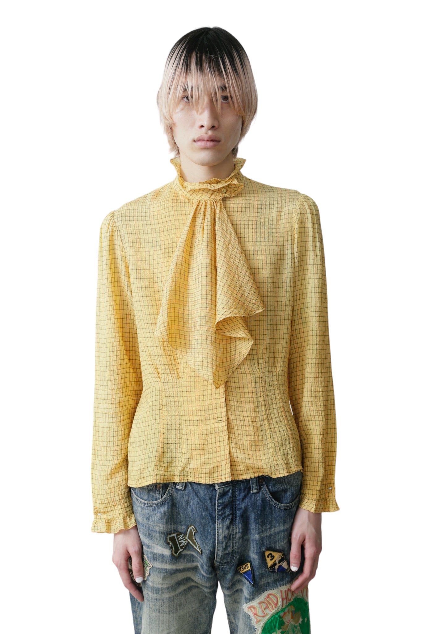 STAND COLLAR SCARF CHECK SHIRT