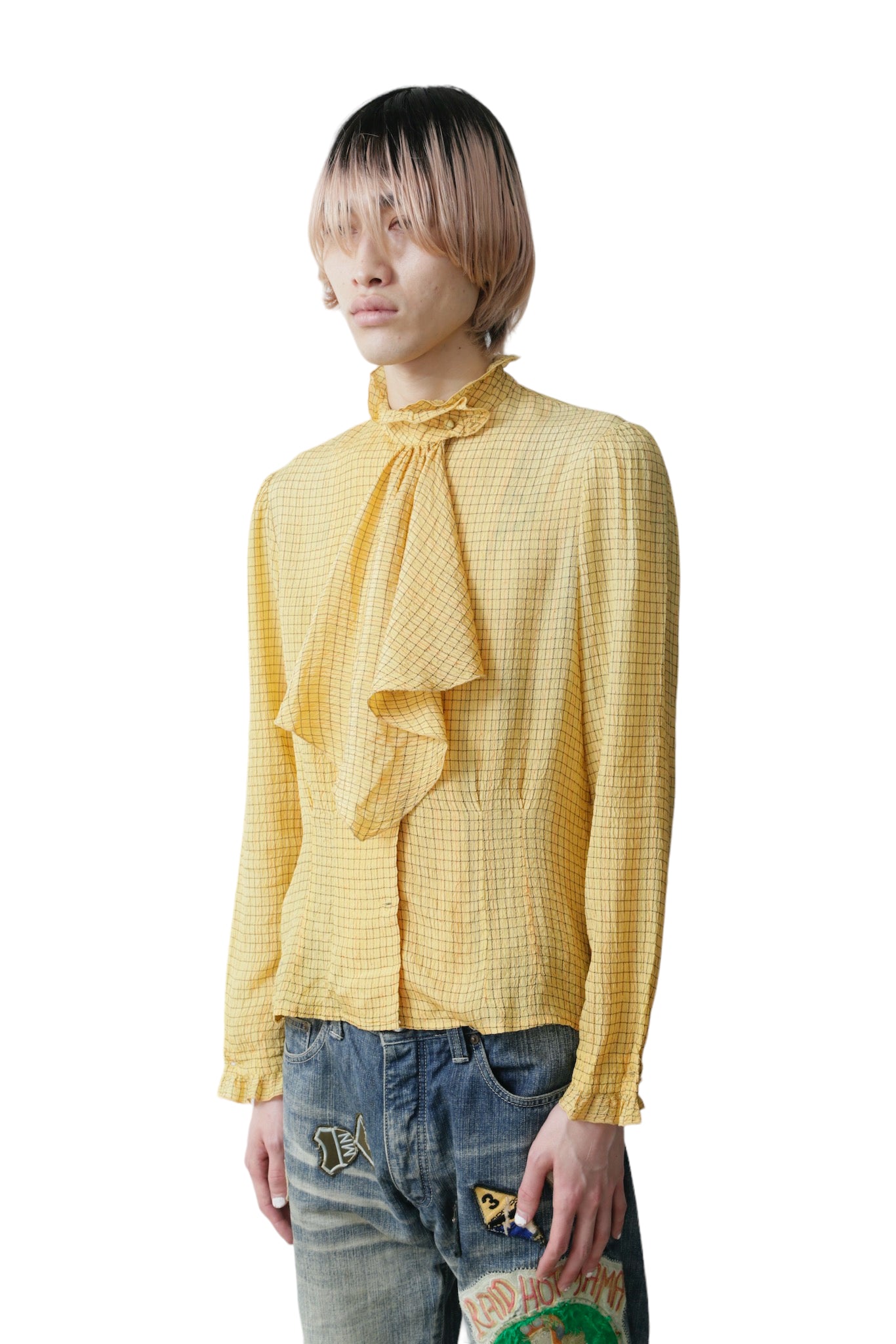 STAND COLLOR SCARF CHECK SHIRT