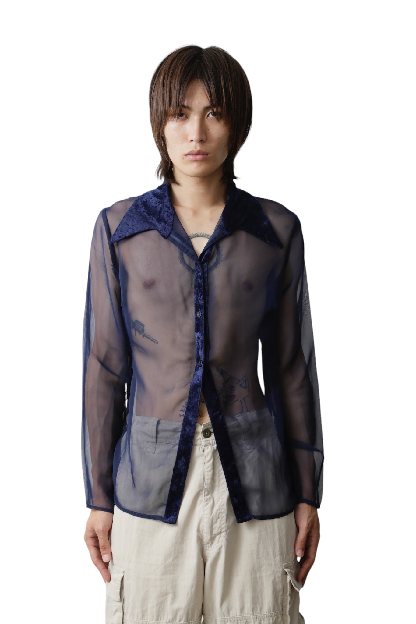 VELVET COLLAR SEE-THROUGHT SHIRT