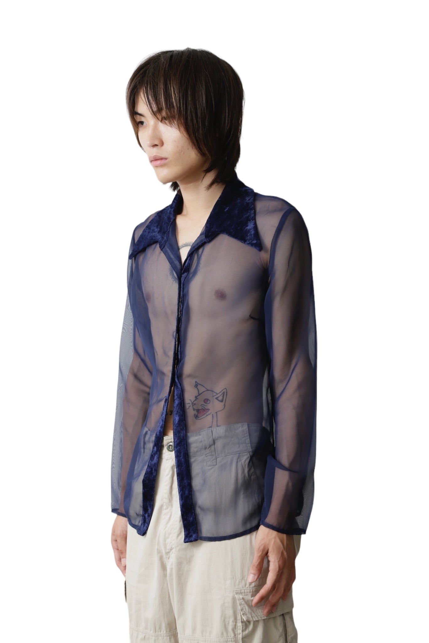 VELVET COLLAR SEE-THROUGHT SHIRT