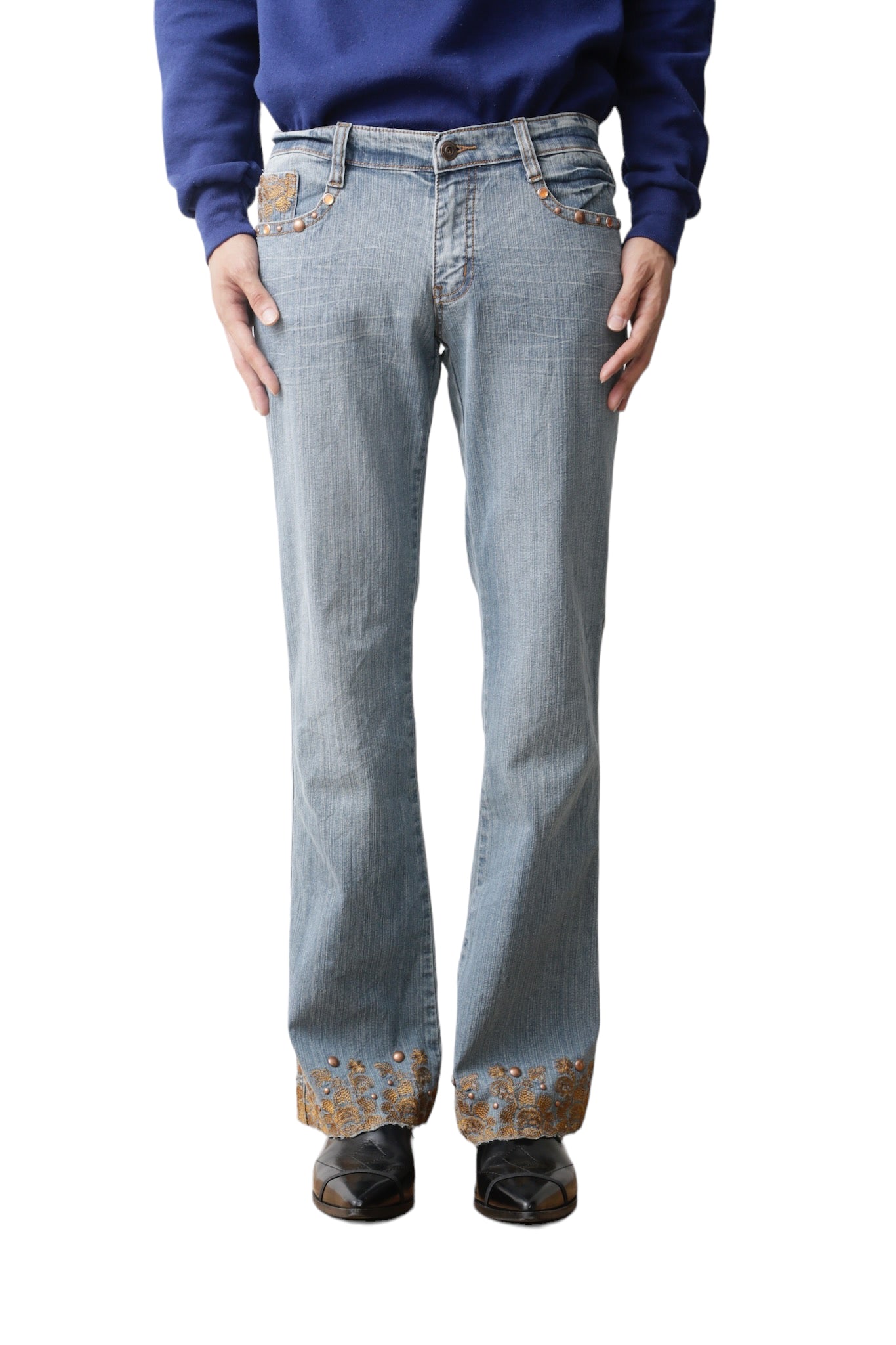 ETHNIC BIJOU FLARE DENIM PANTS