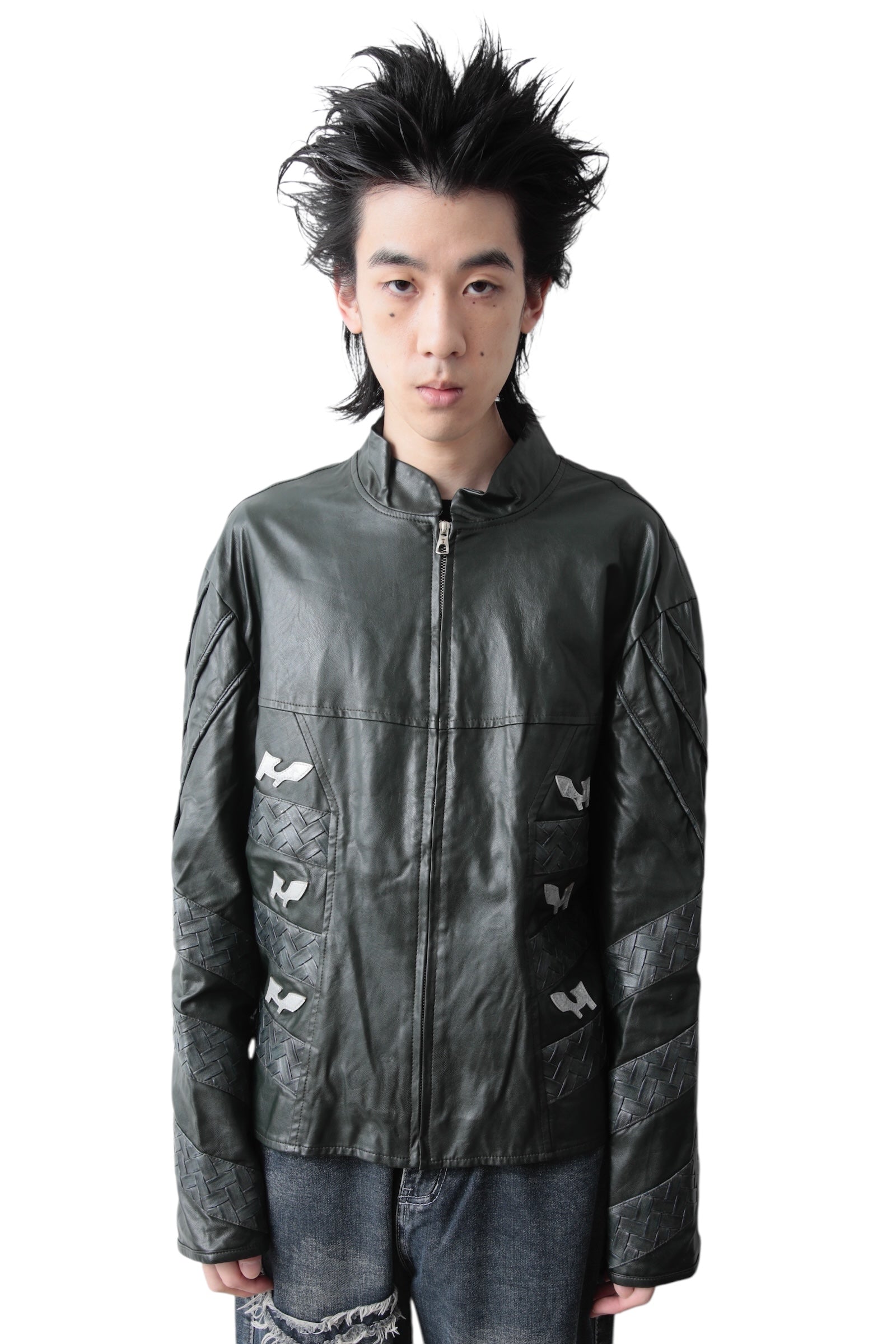 PATCHWORK STAND COLLAR LEATHER BLOUSON