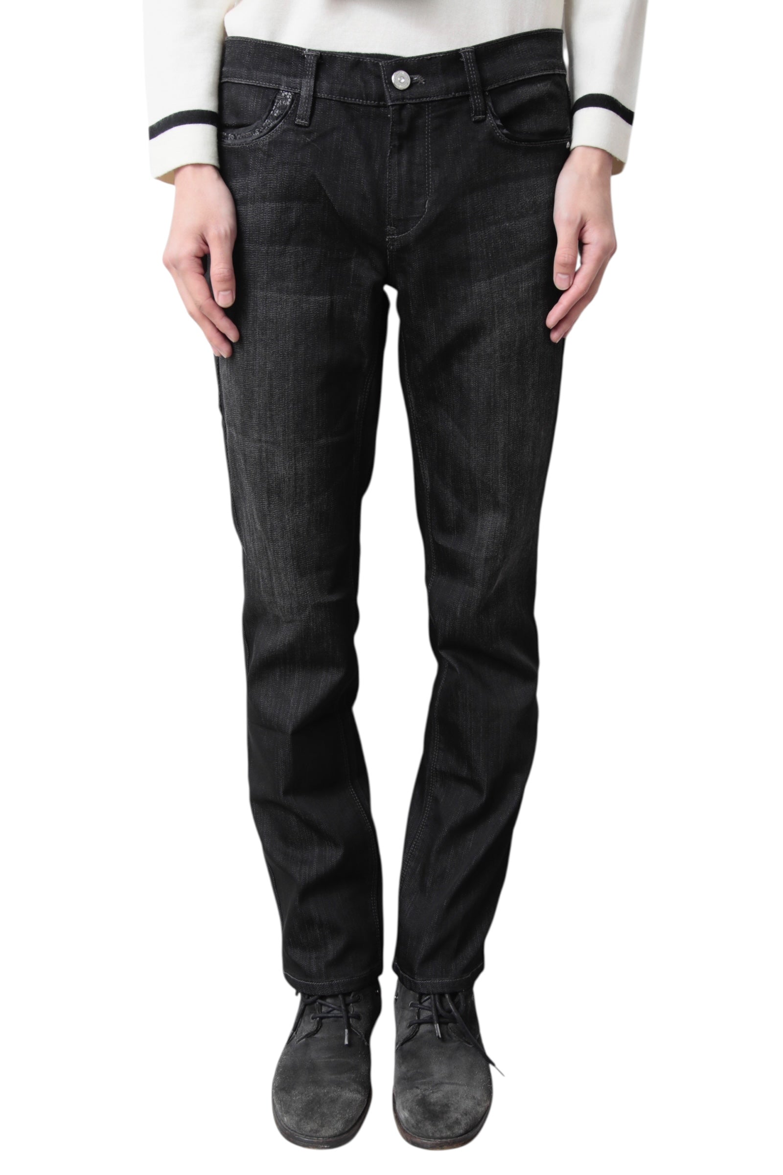 LACE POCKETS FADED SILM DENIM PANTS