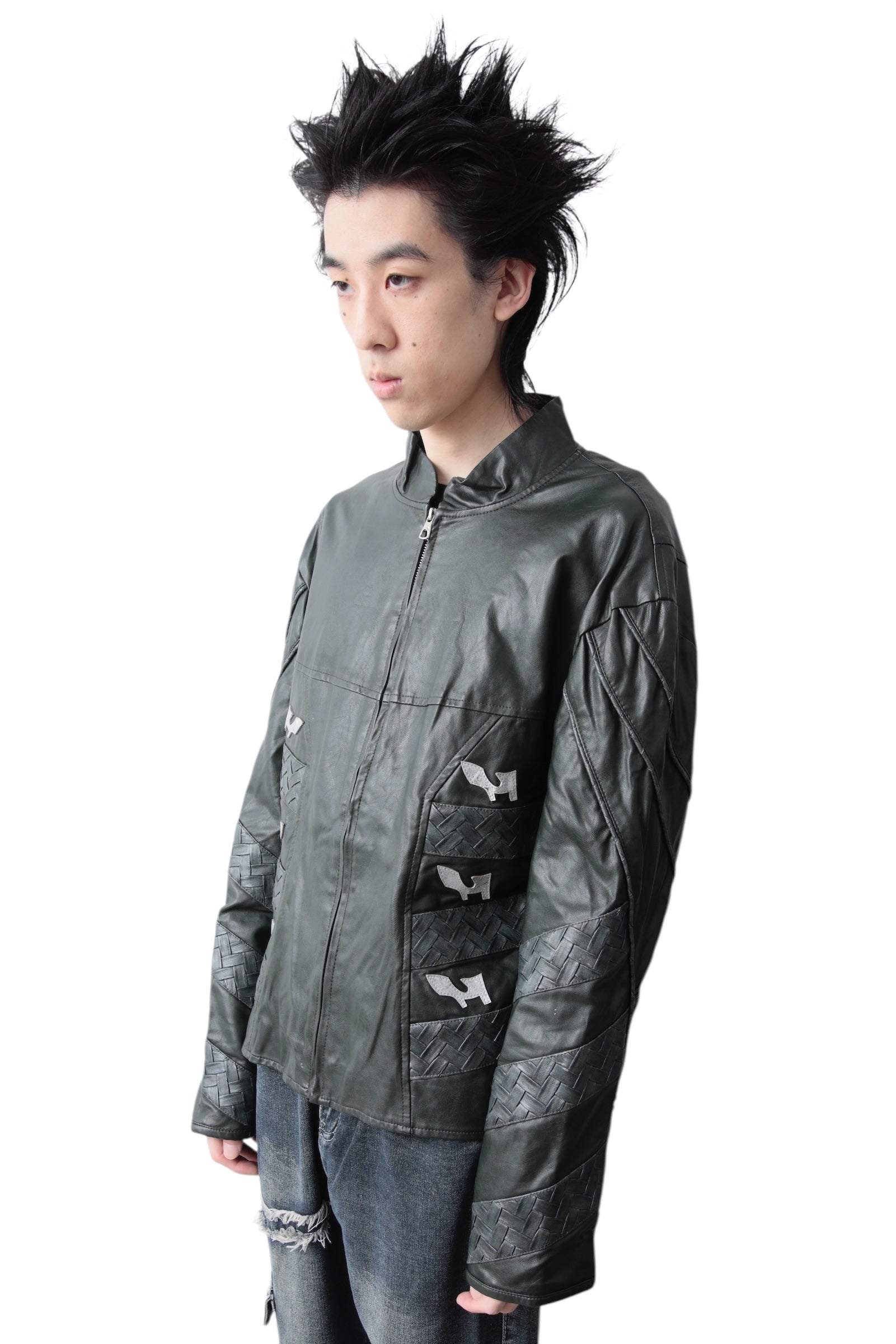 PATCHWORK STAND COLLAR LEATHER BLOUSON