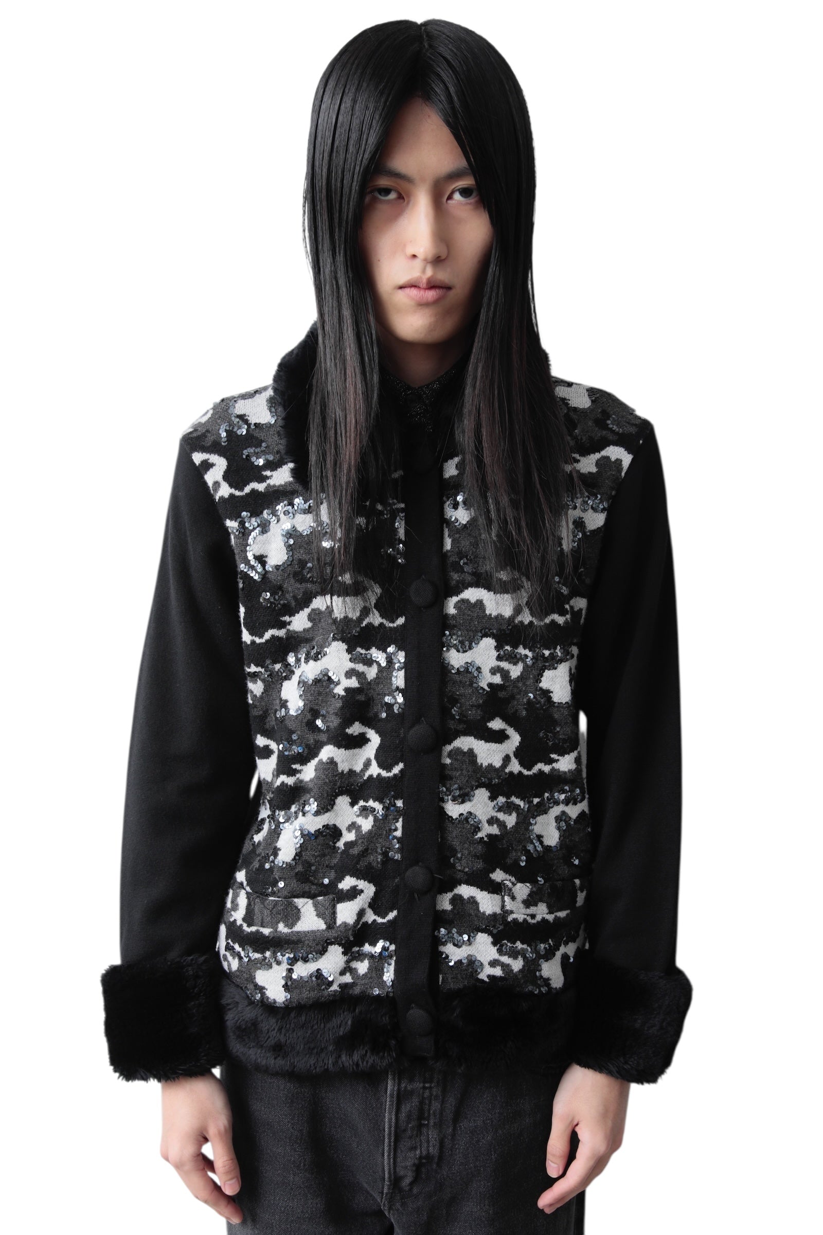 SEQUINS CAMO BUTTON UP FUR BLOUSON