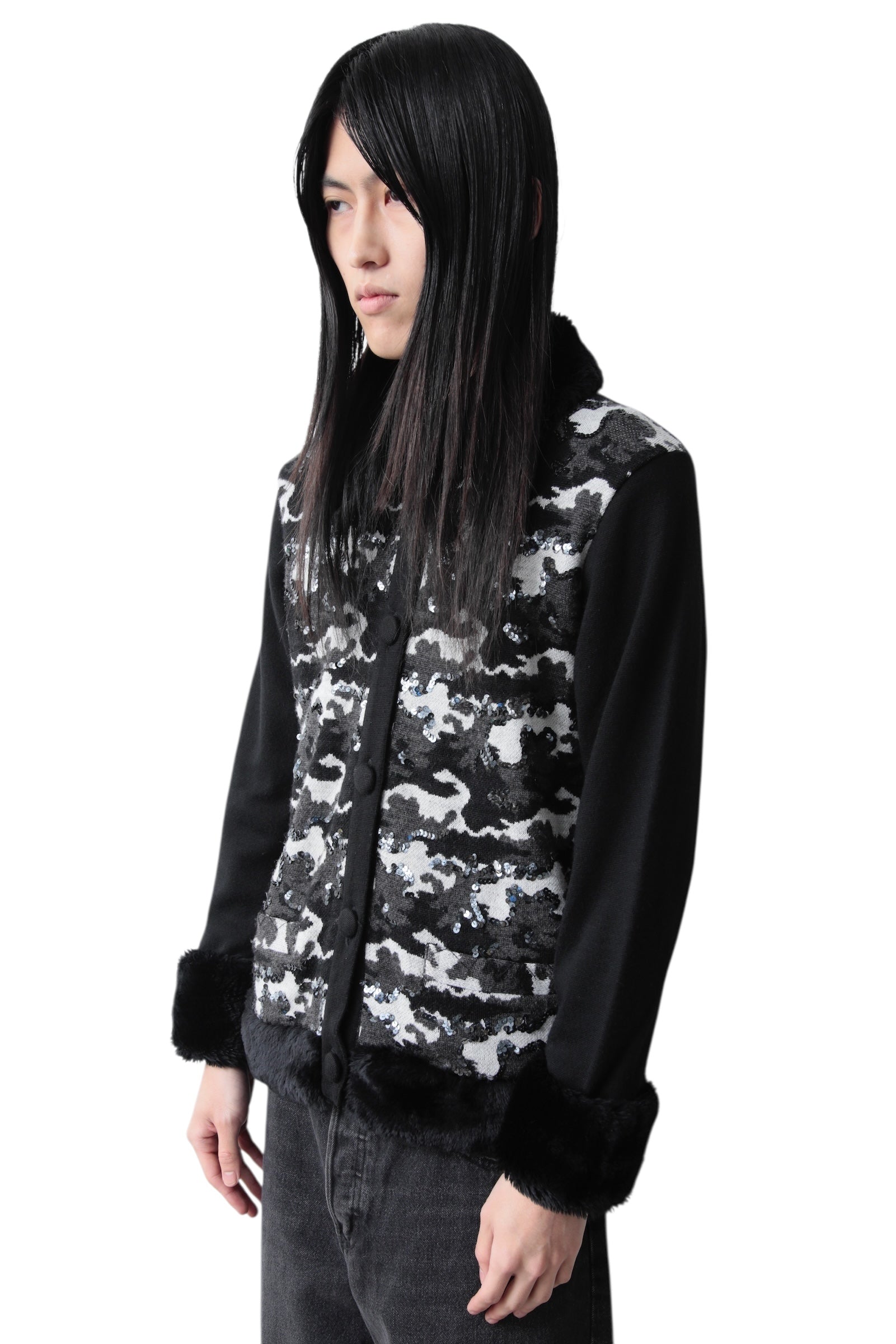 SEQUINS CAMO BUTTON UP FUR BLOUSON