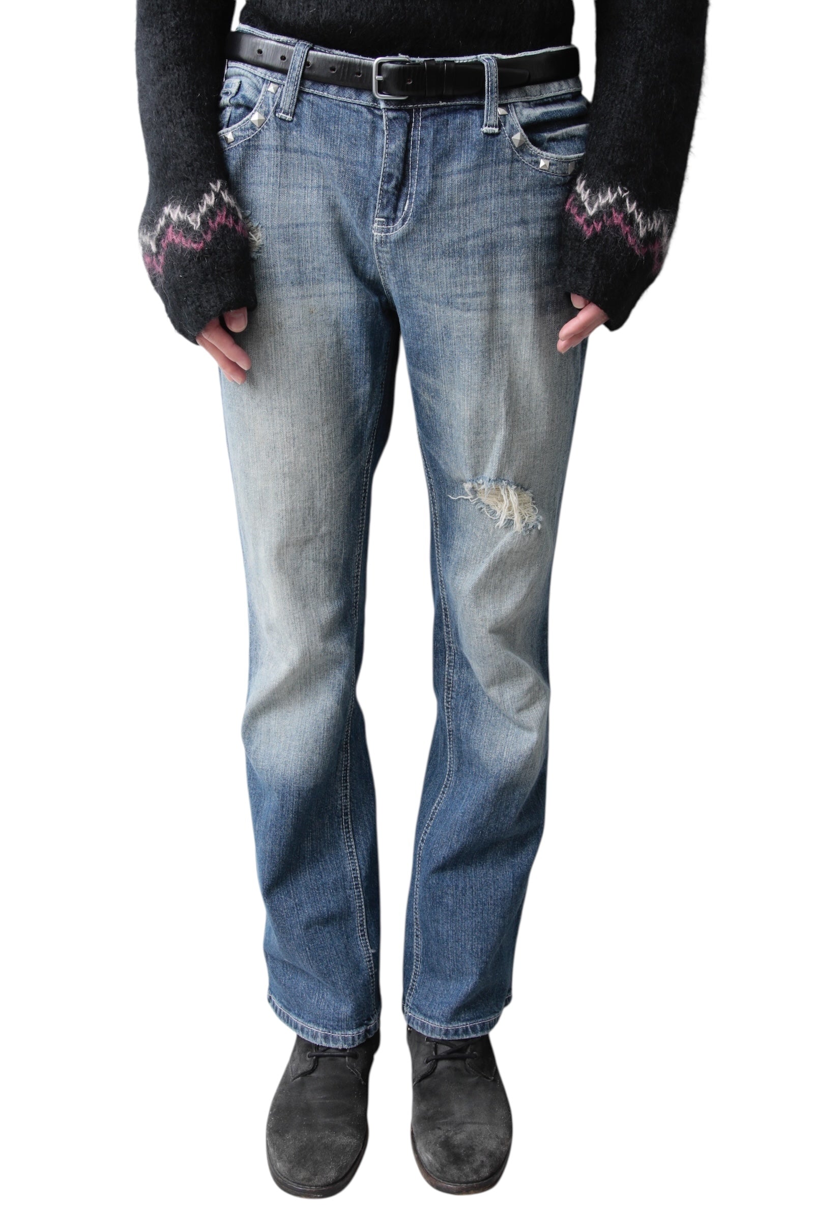 CRUSHED STUD FLARE DENIM PANTS