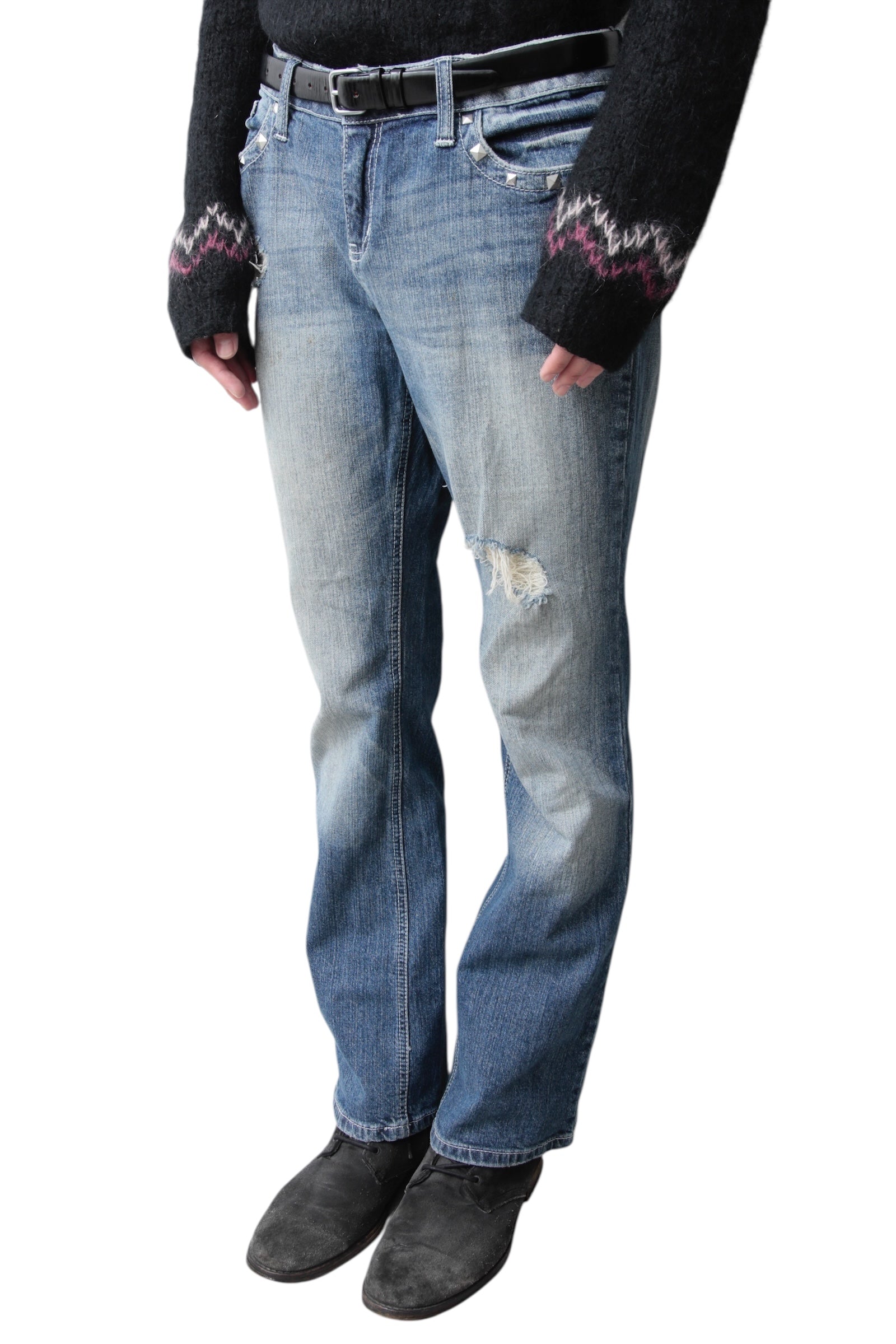 CRUSHED STUD FLARE DENIM PANTS