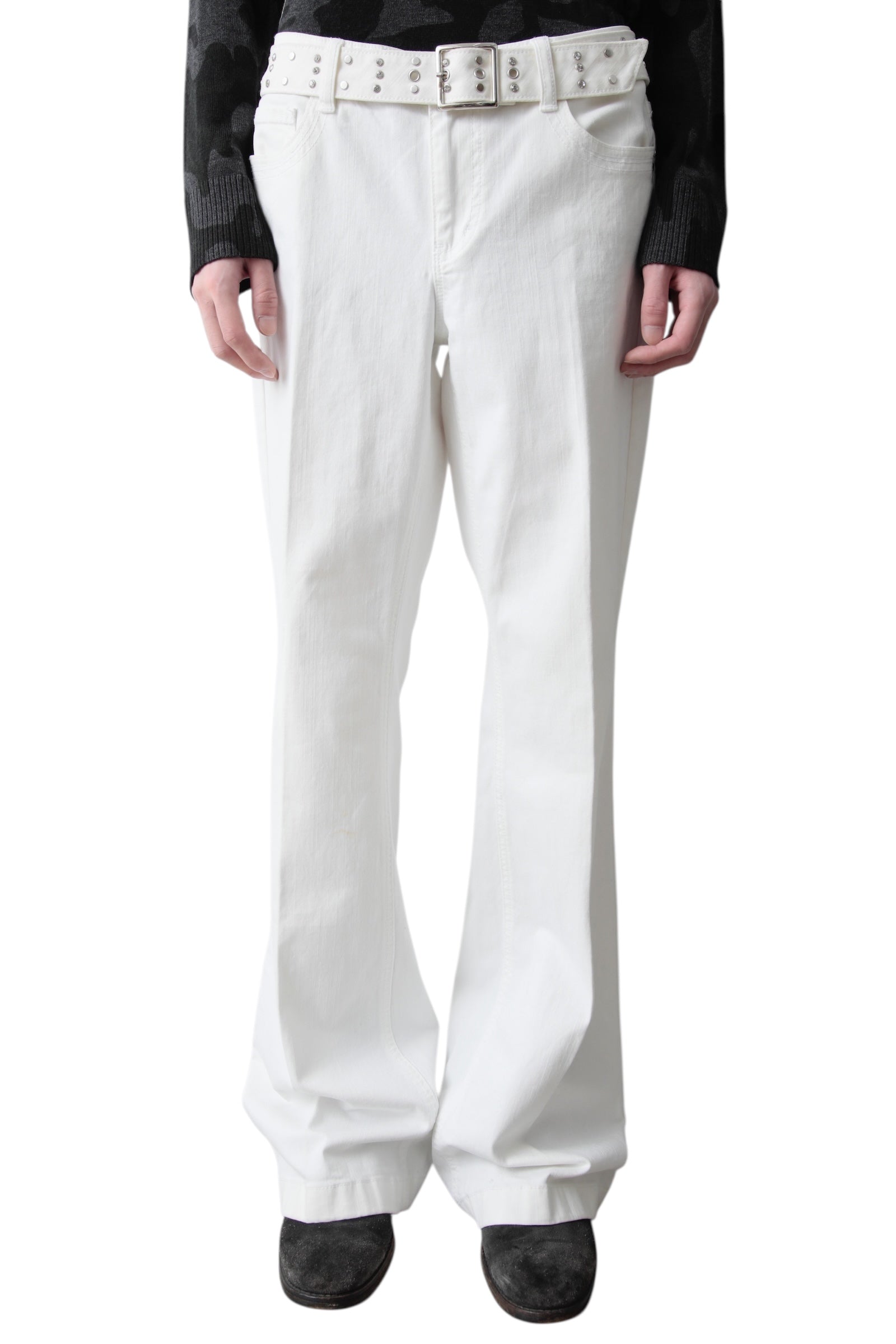 RHINESTONE BELTED FLARE DENIM PANTS