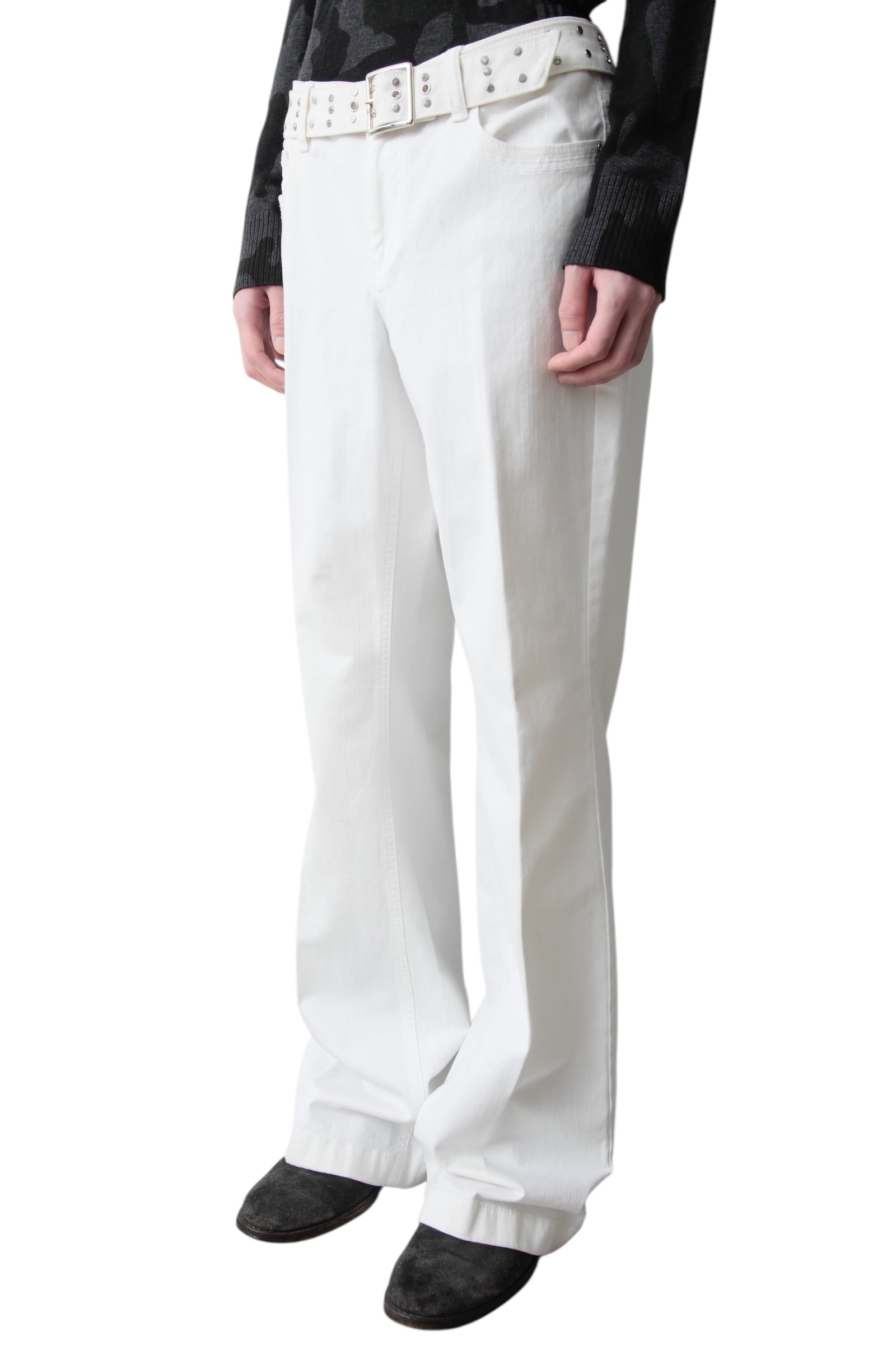 RHINESTONE BELTED FLARE DENIM PANTS