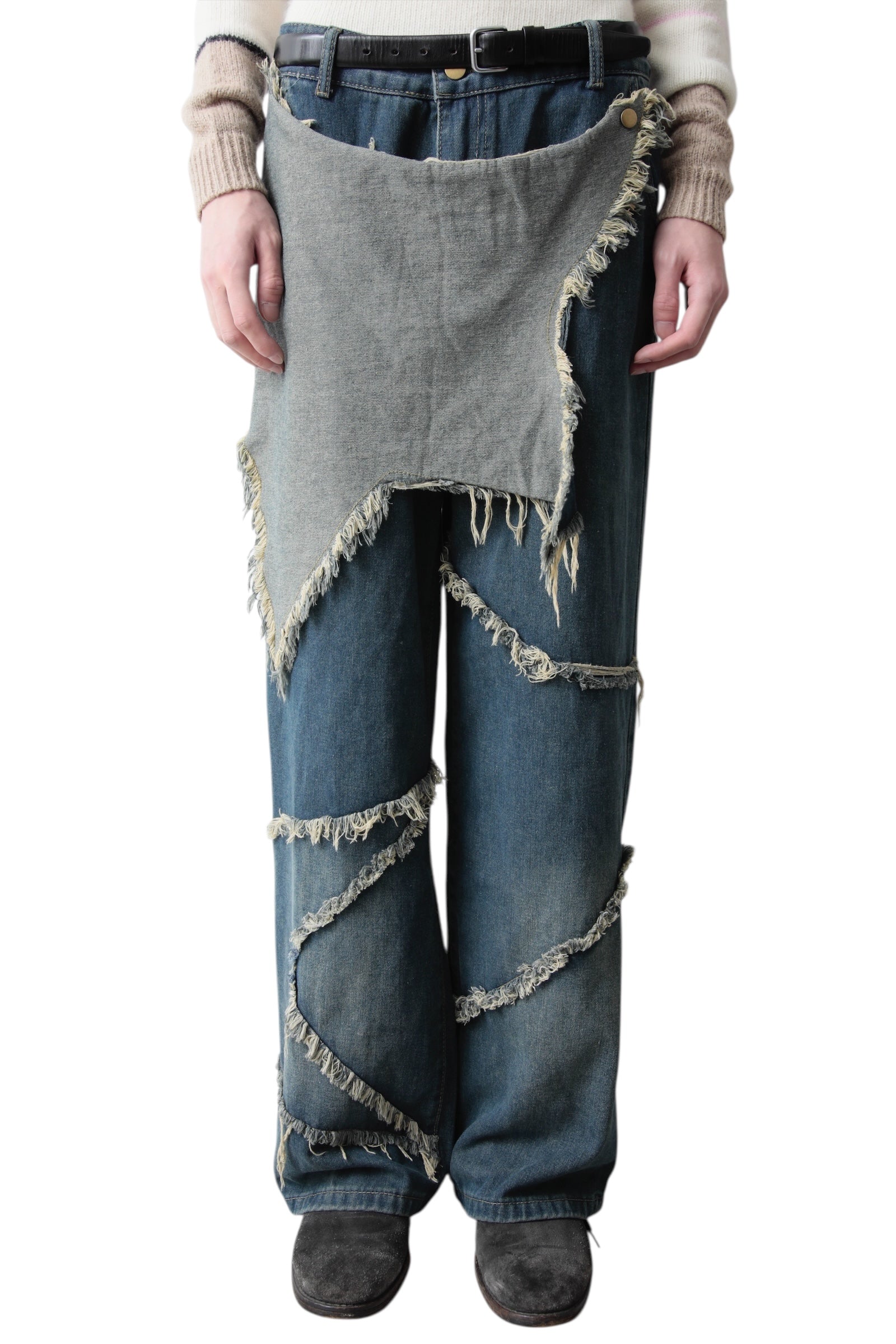 TEXTILE WRAP FADED WIDE DENIM PANTS
