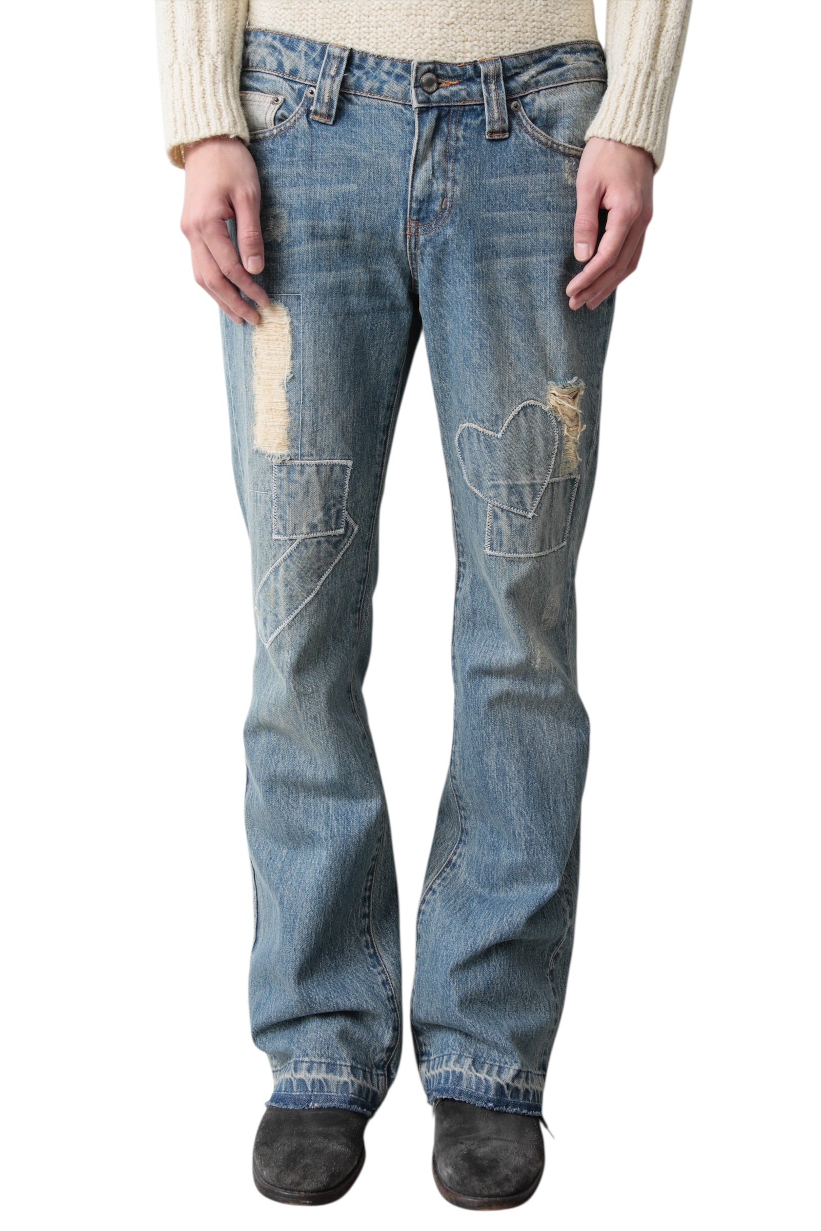 FADED BLUE PATCHWORK FLARE DENIM PANTS