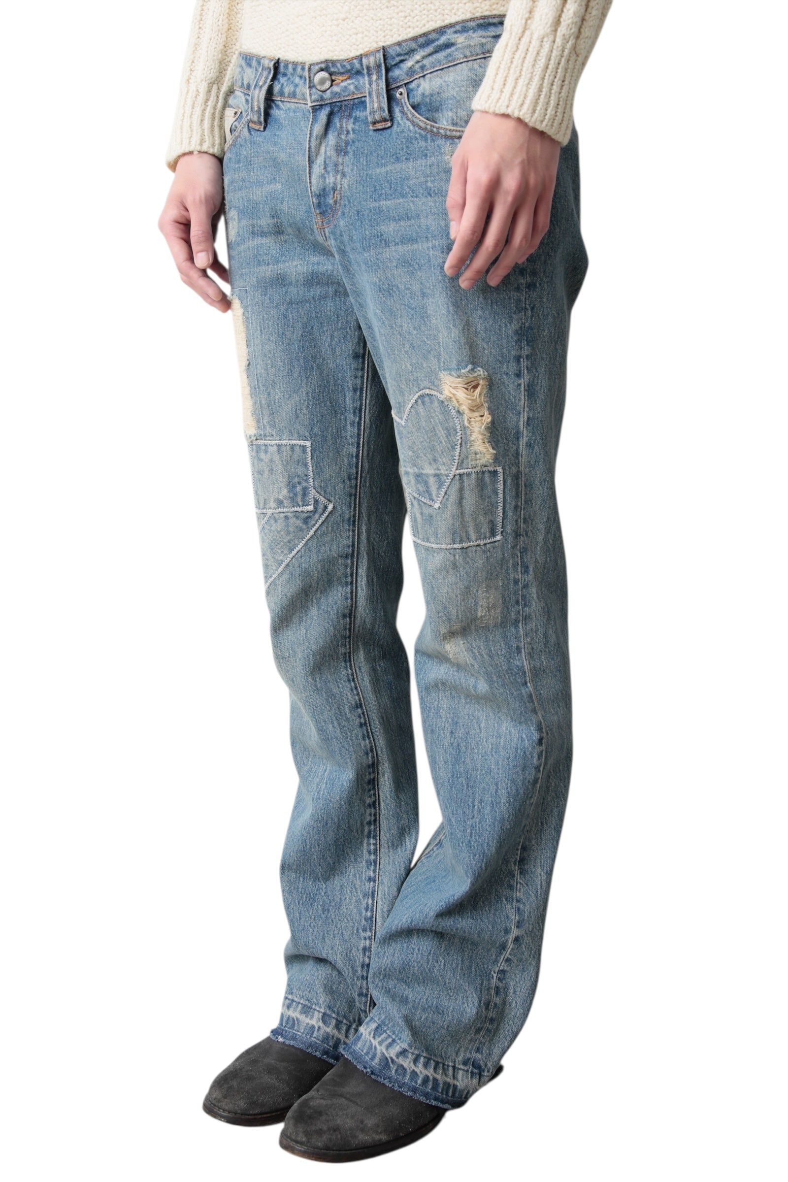 FADED BLUE PATCHWORK FLARE DENIM PANTS