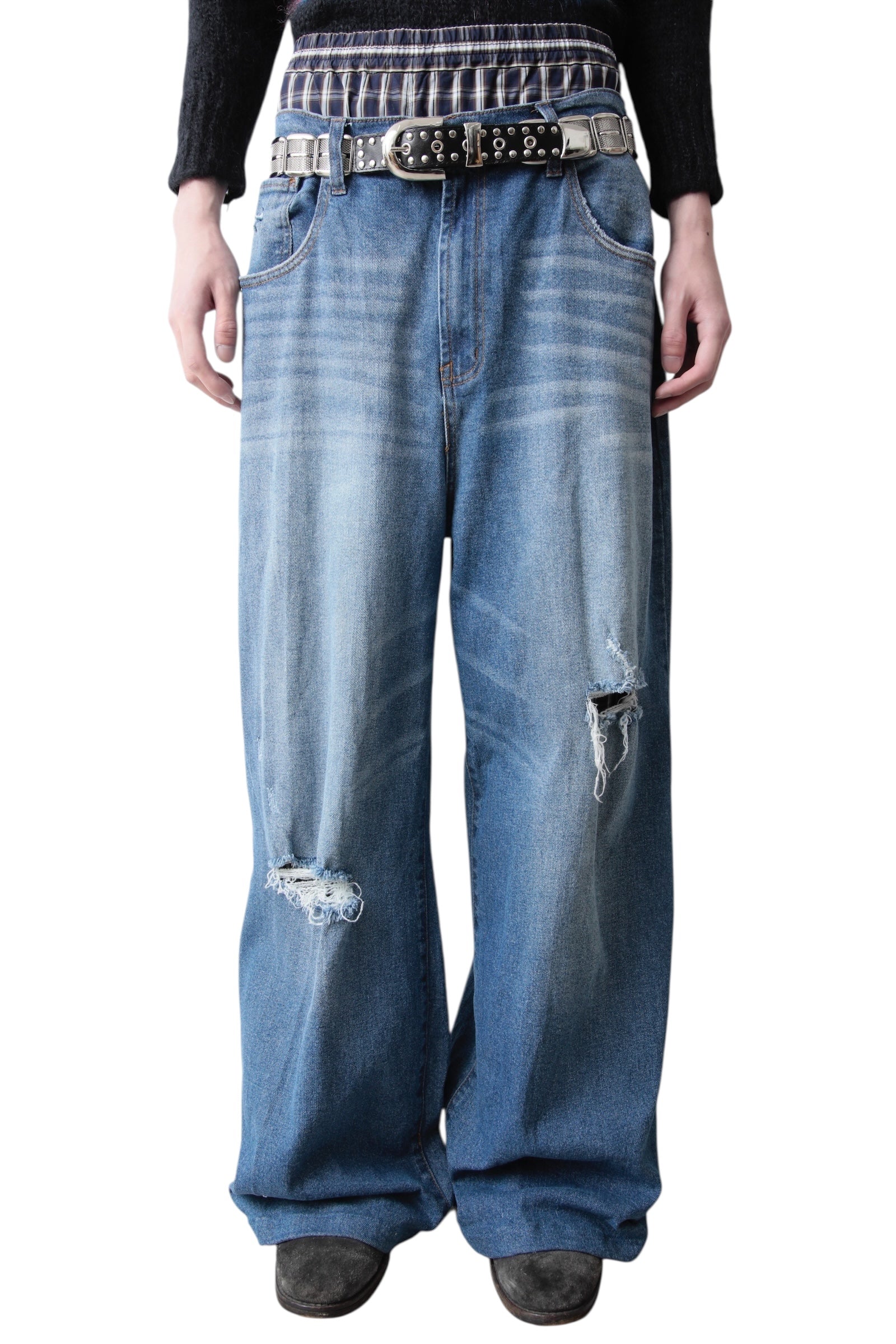 FADED BLUE CRUSHED BAGGY DENIM PANTS